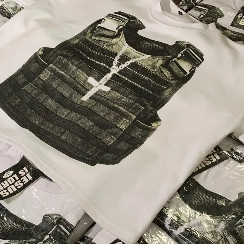 Retro style printed cotton T-shirt with drop shoulder sleeves on a neutral background