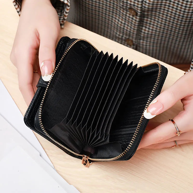 Ladies short wallet with lychee pattern texture showing 2-fold compact design