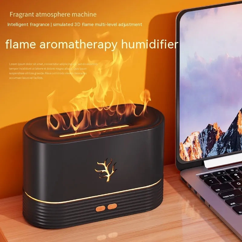 Square-shaped USB flame humidifier with LED aroma diffuser in white or black colour creating realistic fire effects