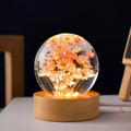 60mm dandelion crystal ball ornament with LED light on a beech wood desktop stand.
