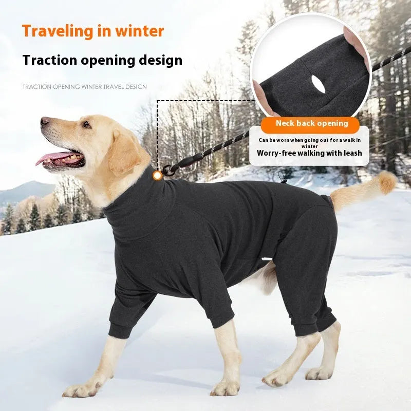 Dark grey polar fleece four-legged dog clothes with high collar for winter cold protection
