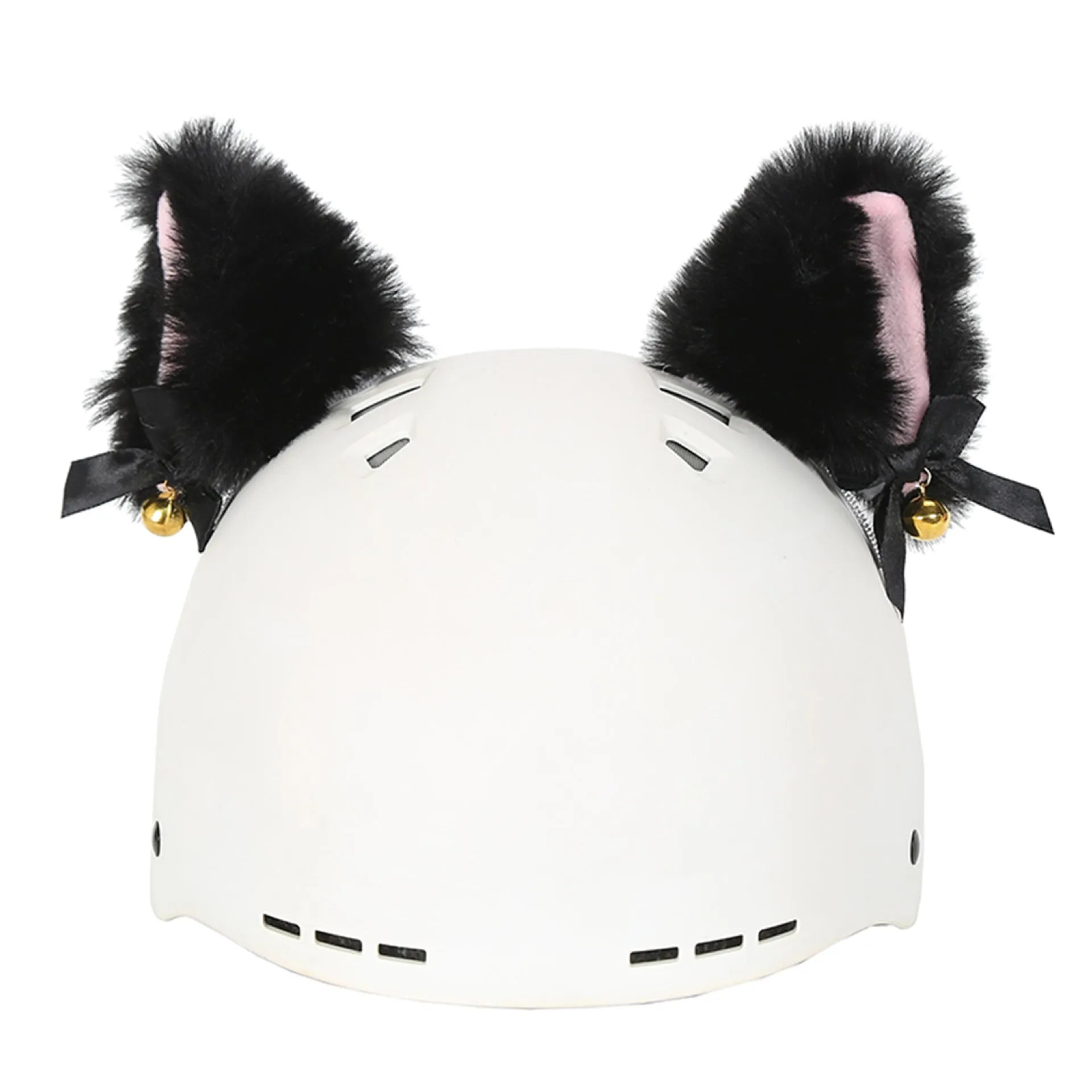 Plush cartoon-themed cover set on a medium motorcycle helmet with soft ear decorations.