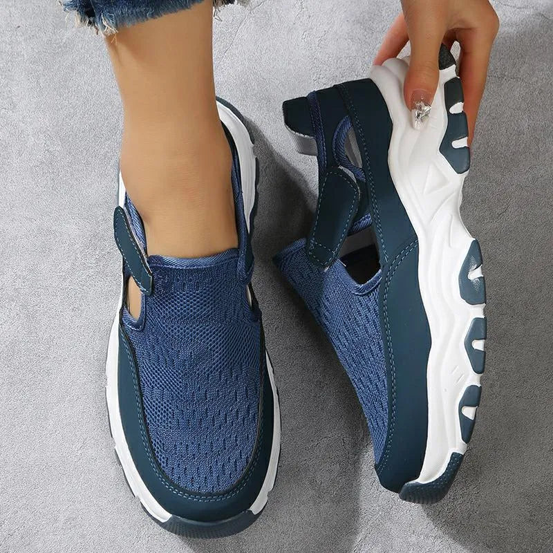 Women's mesh sport shoes with flat heel, round toe, Velcro fastening, and breathable mesh upper in solid colour