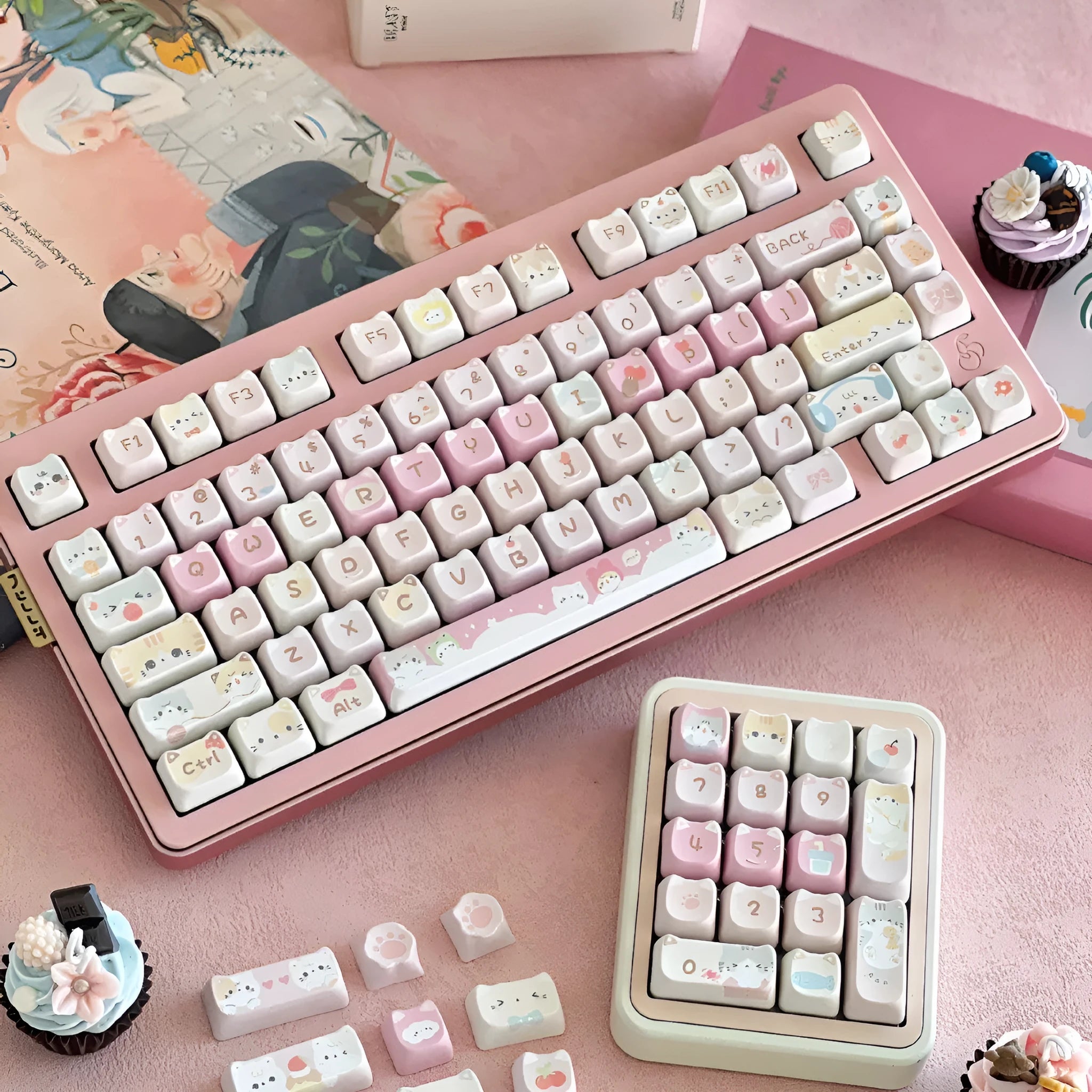 Meow Meow Team 141-key mechanical keyboard keycap set with colourful cat designs on all sides