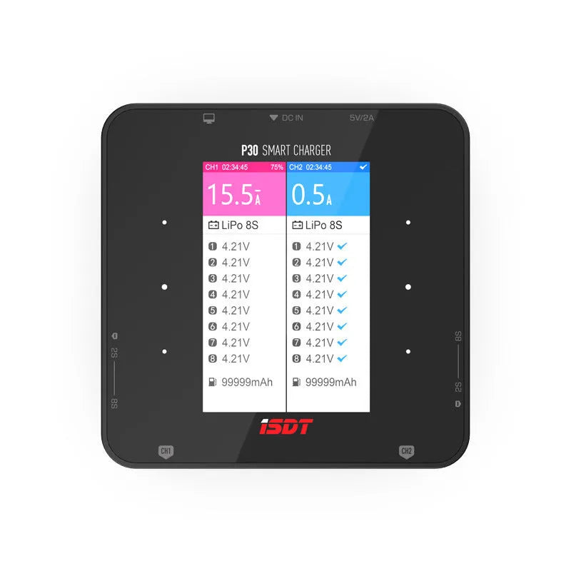 P30 dual-channel smart balance charger for lithium batteries with two slots, dimensions 110x110x65mm