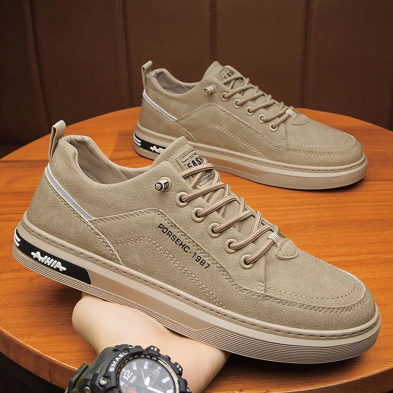 Men's low-top casual shoes with round toe and artificial PU upper in khaki colour