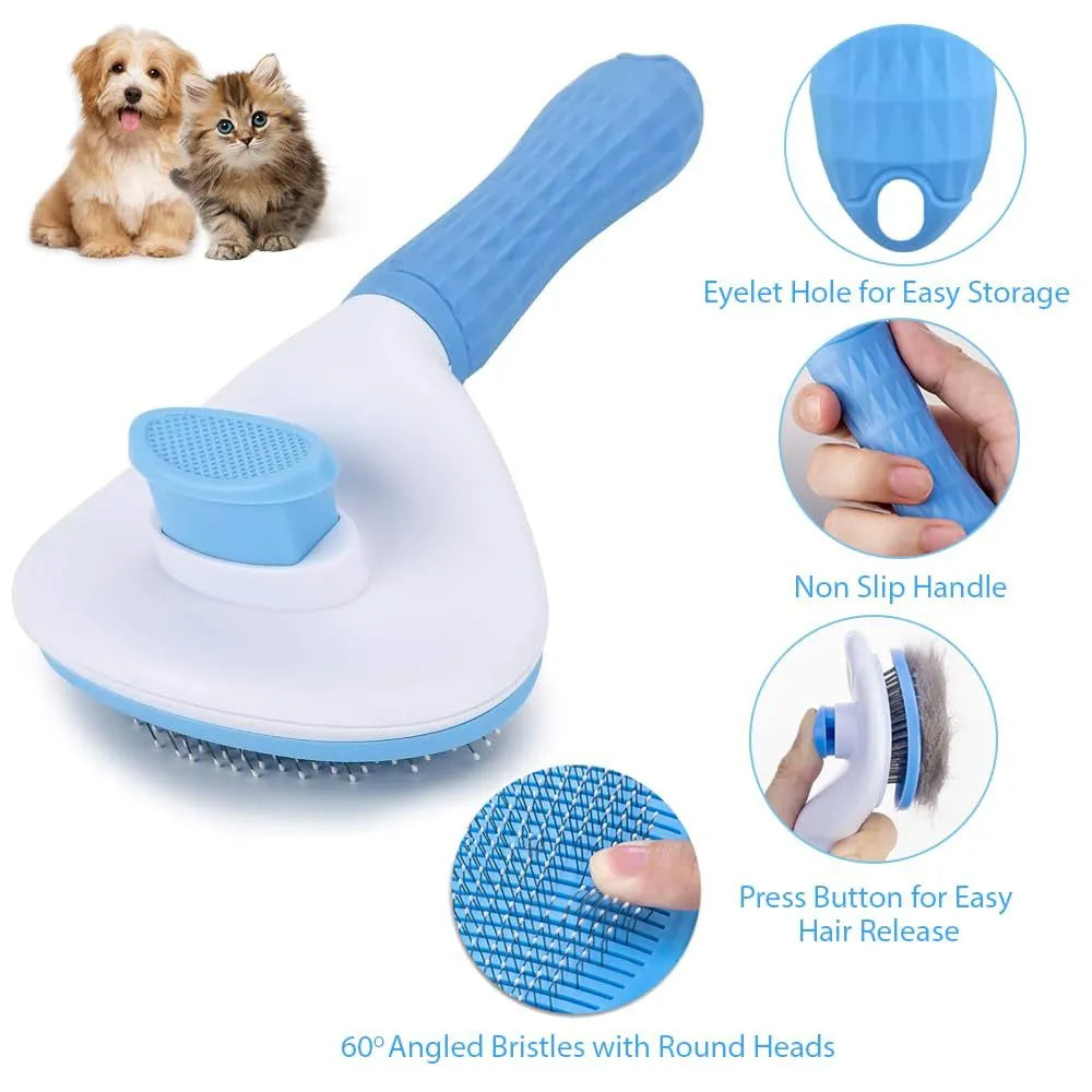 Blue cat grooming brush with a release button for removing loose fur and tangles
