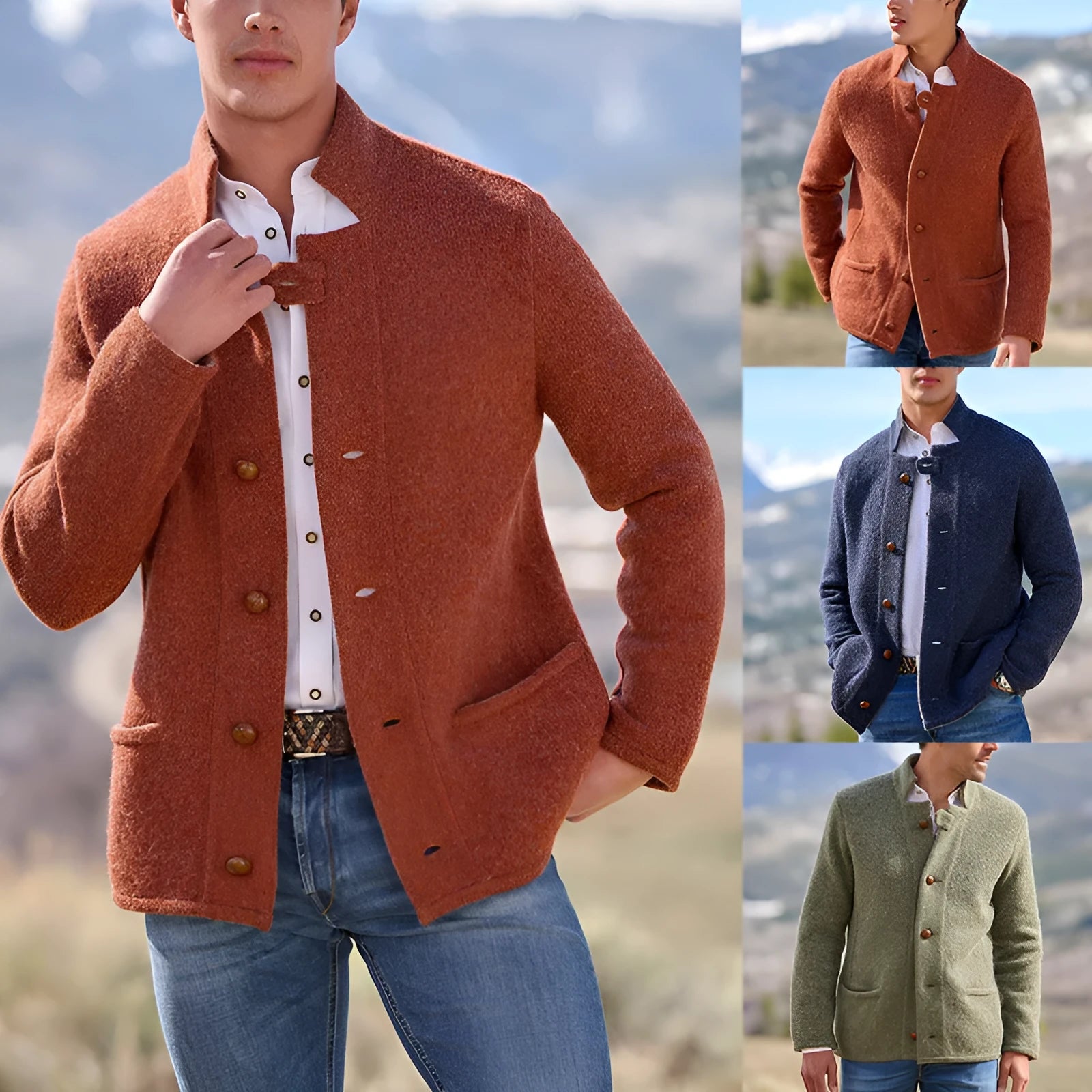 Men's casual mid-length coat in solid colour with patch pockets, polyester fibre fabric