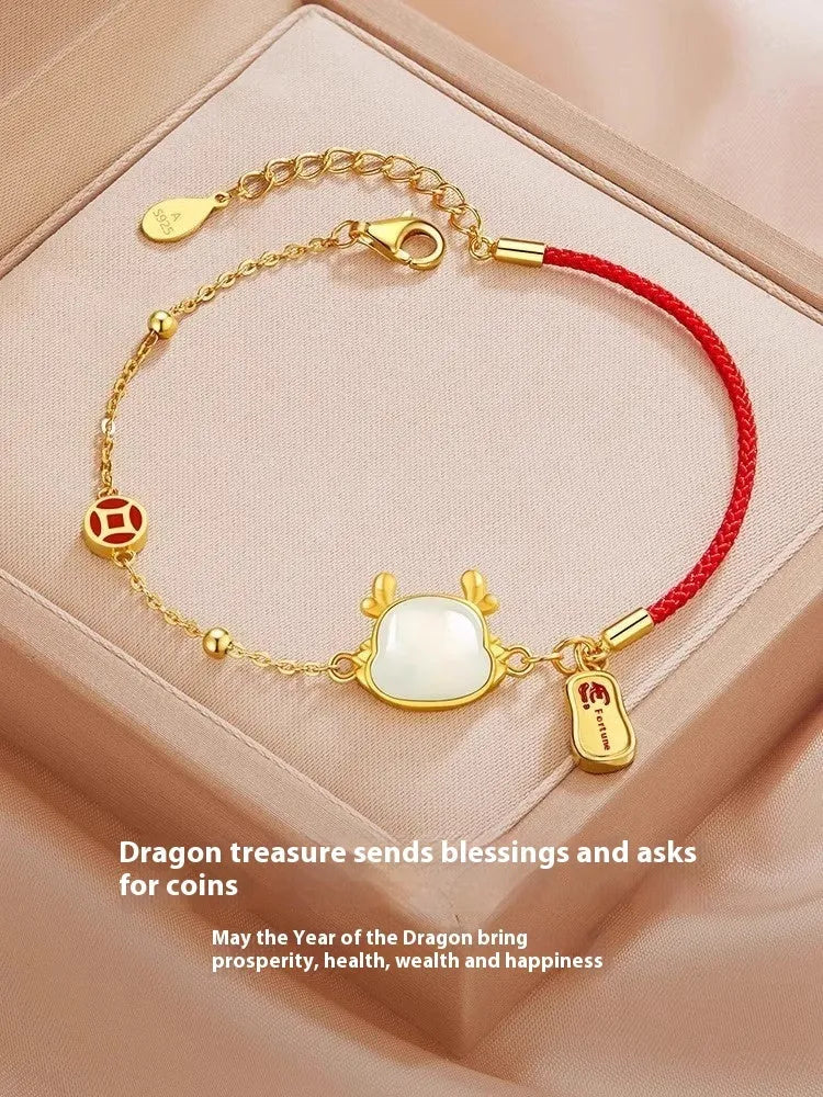 Silver and jade dragon zodiac bracelet with Chinese style design for women