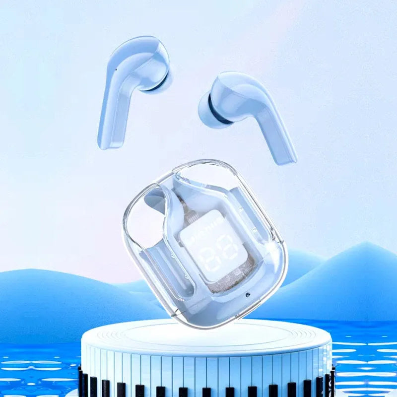 True wireless Bluetooth earbuds in a transparent charging case with a digital display, shown in light blue.