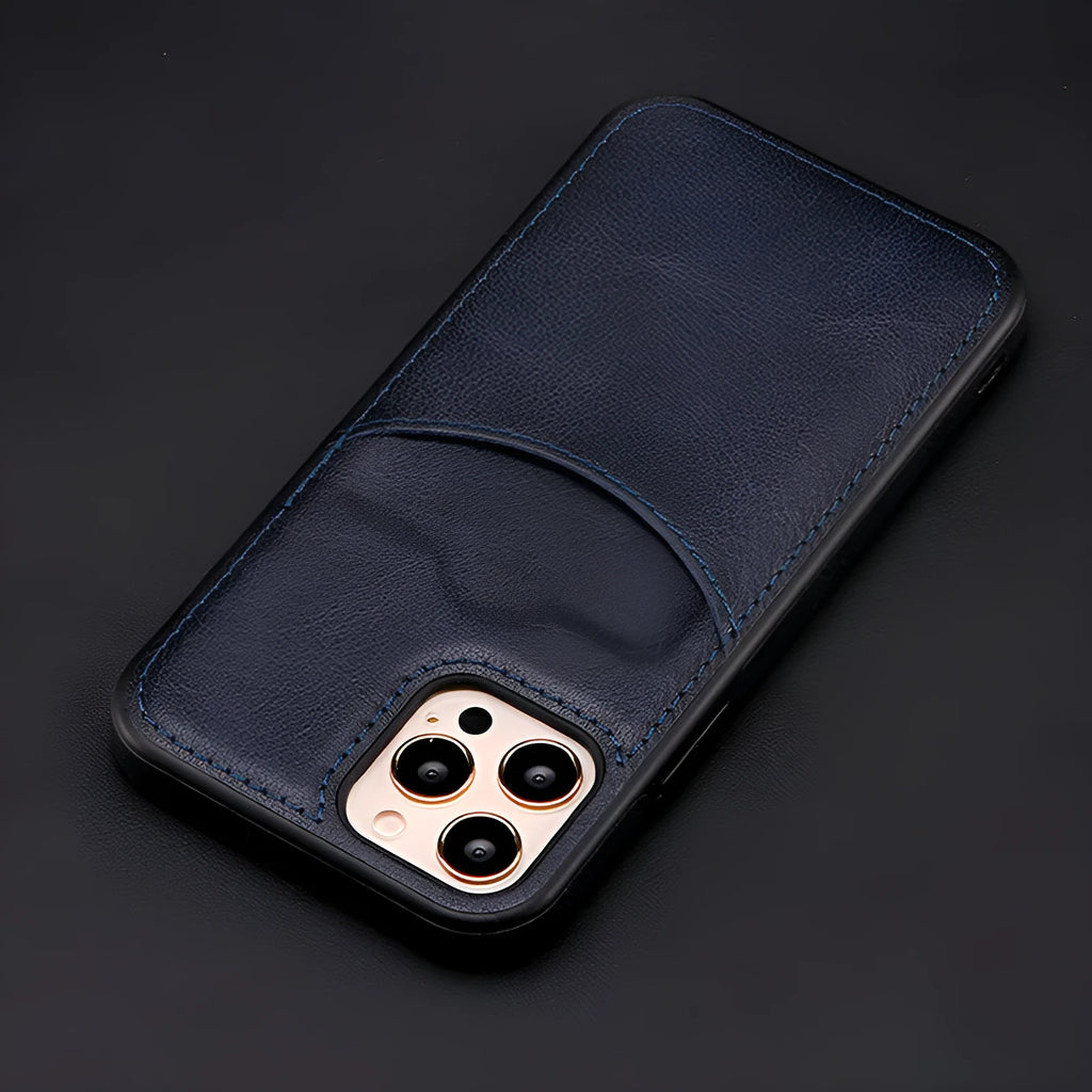 Dark blue PU leather protective case for iPhone mobile phones on a table.