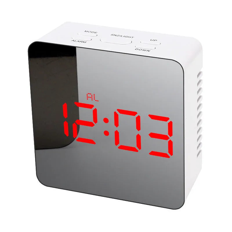 LED digital mirror desktop alarm clock with USB cable, plastic shell, rectangular white light