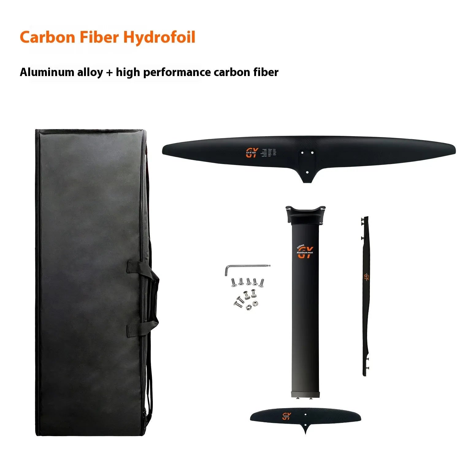 Black racing hydrofoil for surfboards with aluminium and carbon fibre construction