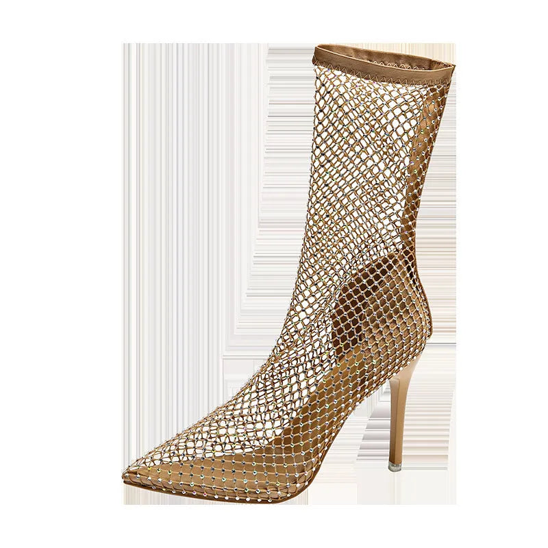 Gold mesh pointed stiletto high heel sandals on a white background