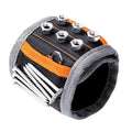 Black magnetic wristband tool organiser with 15 grid pockets and a Velcro strap, shown holding screws.