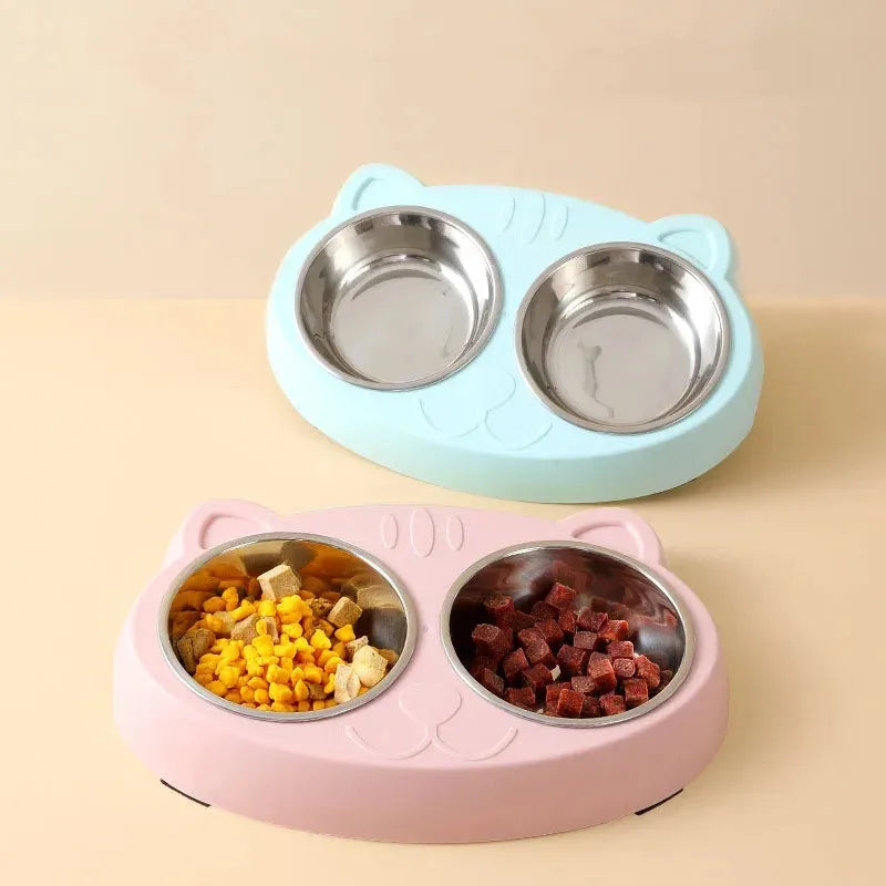 Blue plastic double bowl pet feeder tray for cat and dog food and water.