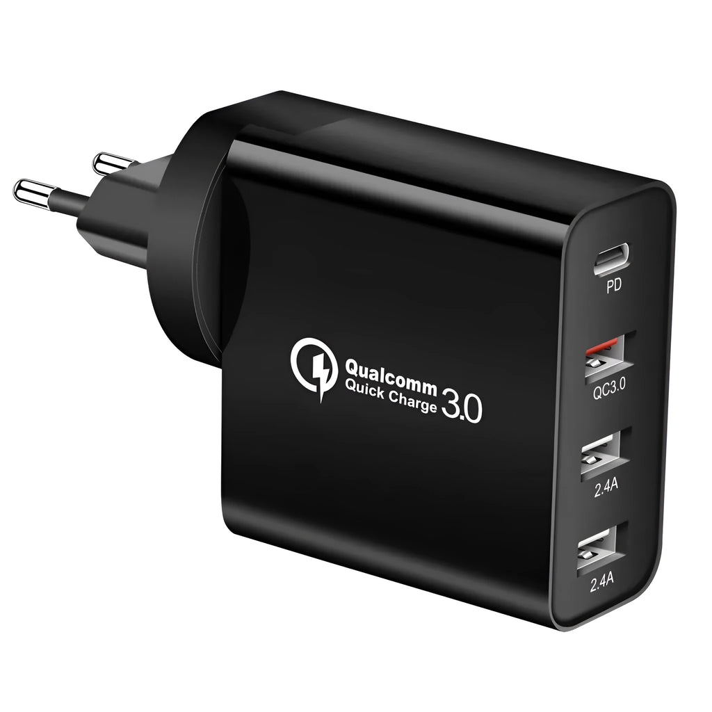 White multi-port fast charger with PD and QC technology showing multiple USB ports