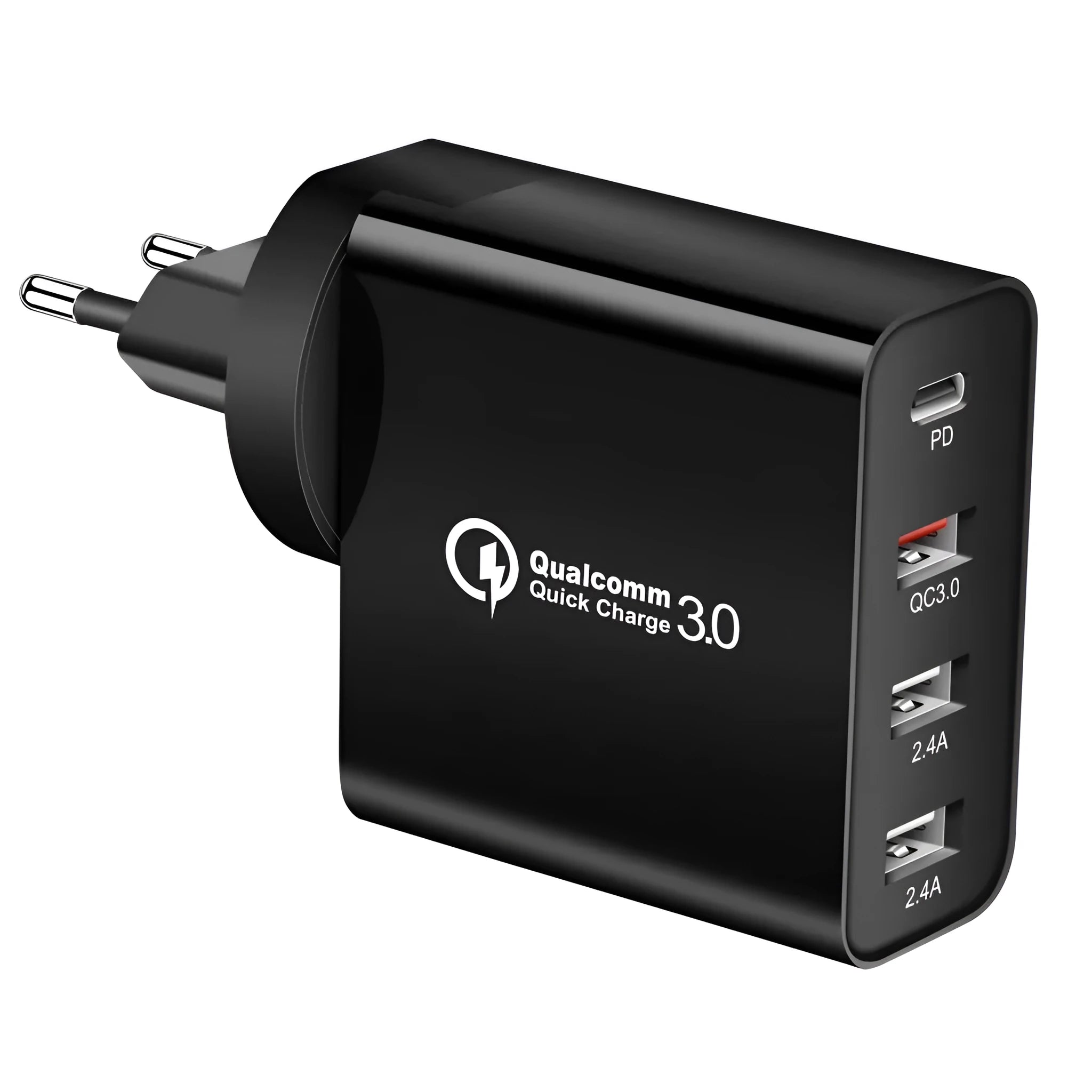White multi-port fast charger with PD and QC technology showing multiple USB ports