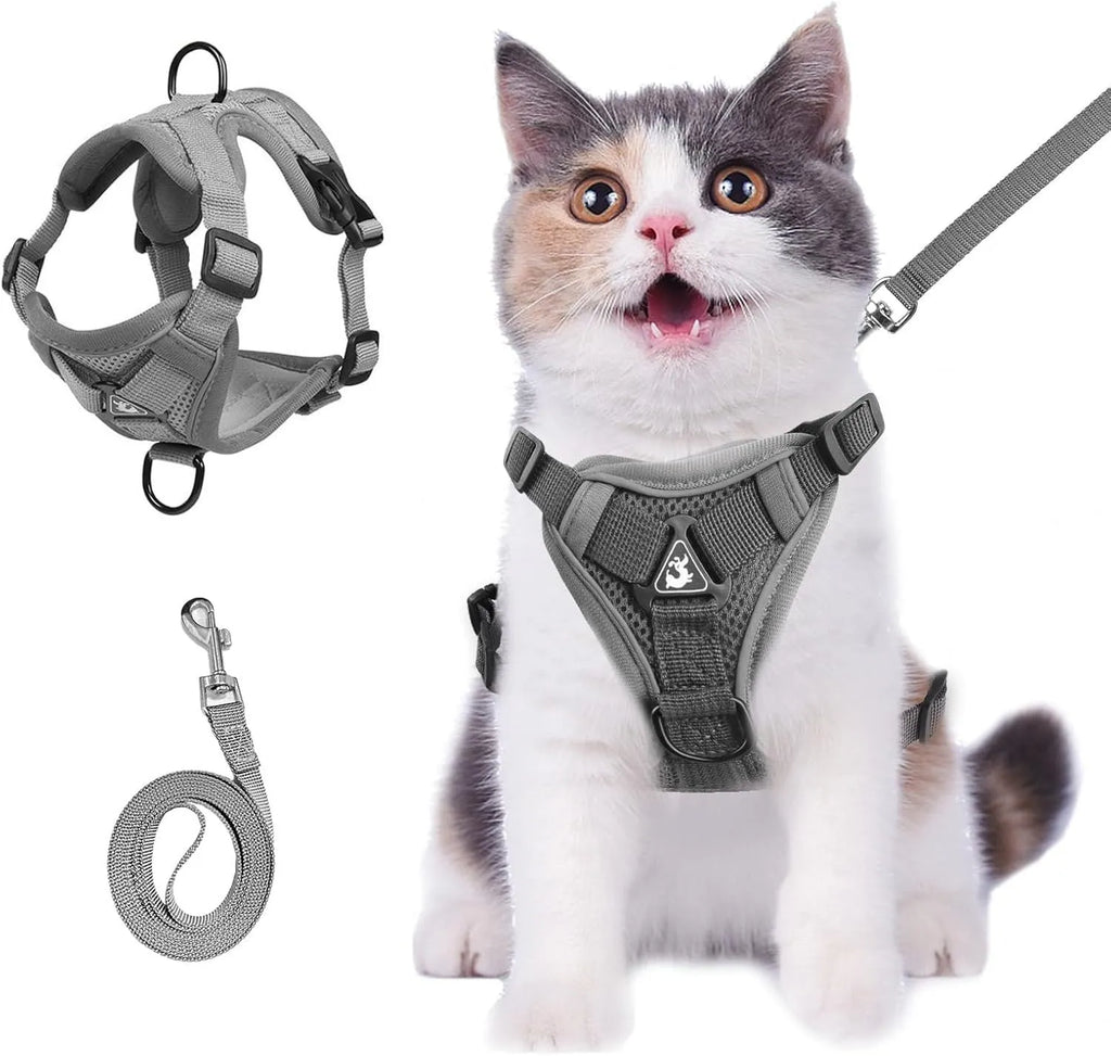 Adjustable mesh cat harness with reflective strips in blue, coffee and grey colours
