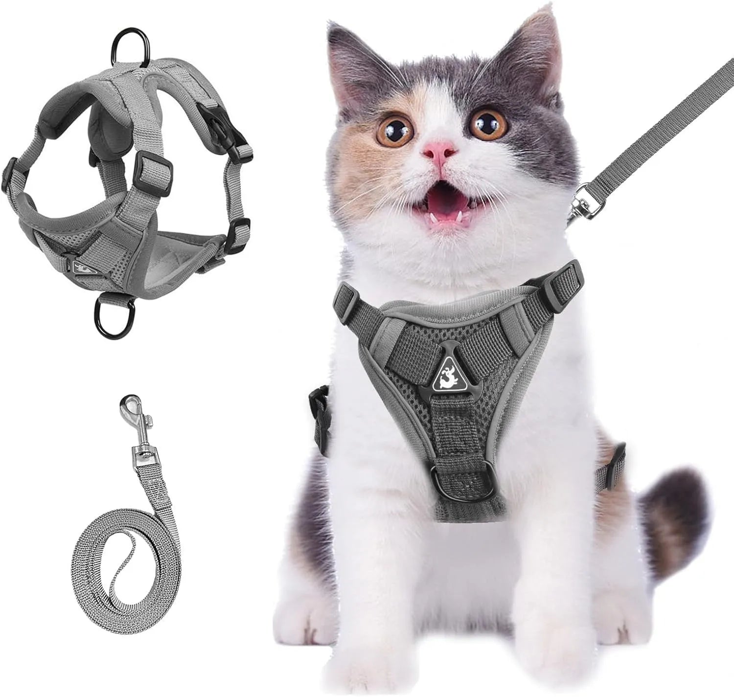 Adjustable mesh cat harness with reflective strips in blue, coffee and grey colours