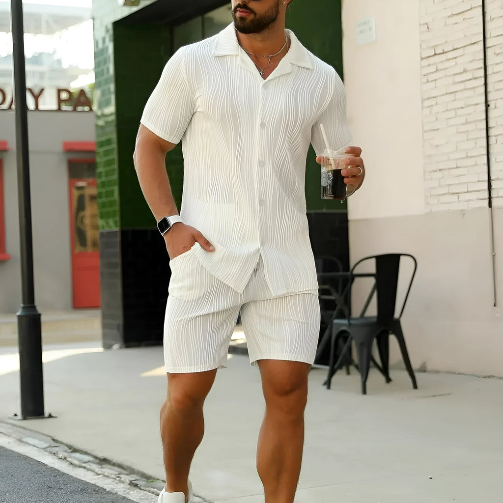 Men's black wave pattern short sleeve shirt and matching shorts casual summer suit