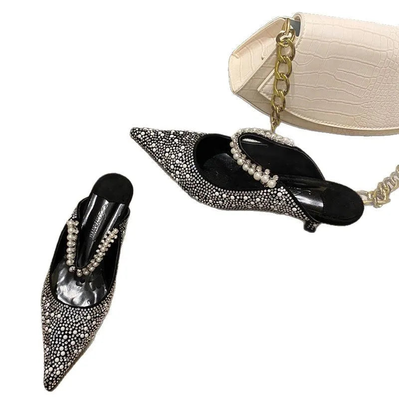 Women's stiletto heel slippers pointed toe microfiber rubber sole Korean style black