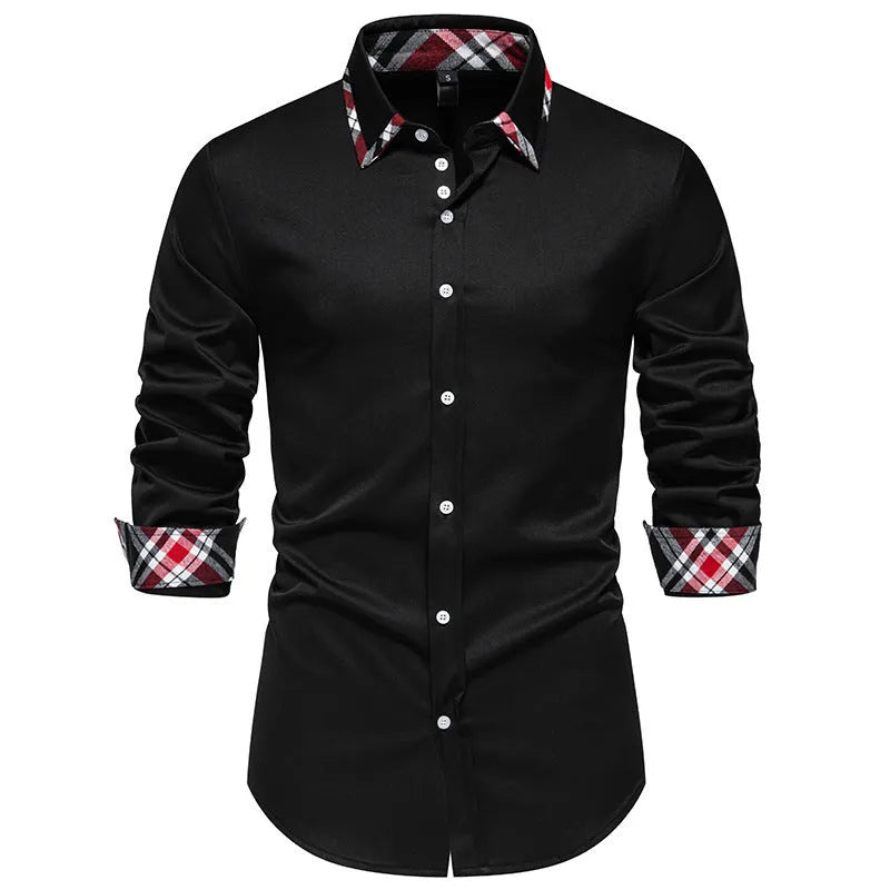 Men's blue plaid contrast long sleeve shirt with a triangle collar on a hanger.