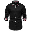 Men's blue plaid contrast long sleeve shirt with a triangle collar on a hanger.