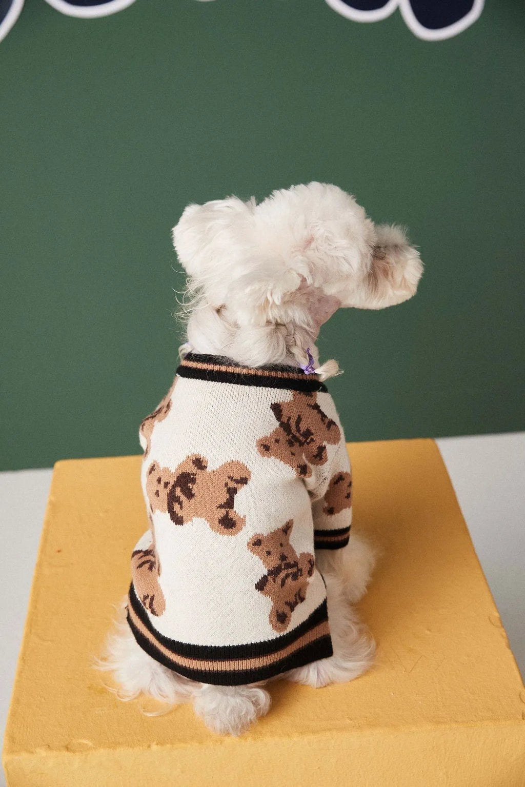 Preppy style wool striped pet sweater for dogs cats in beige colour with V-neck and leash hole on back