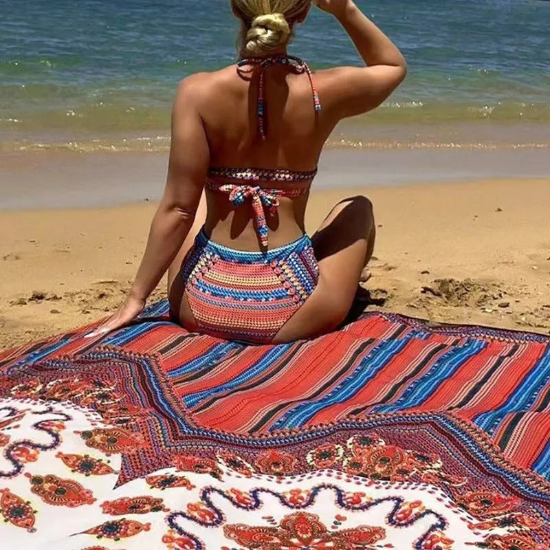 Women's three-piece swimsuit set showing high-waist briefs, a cutout blouse, and a matching coat in polyester.