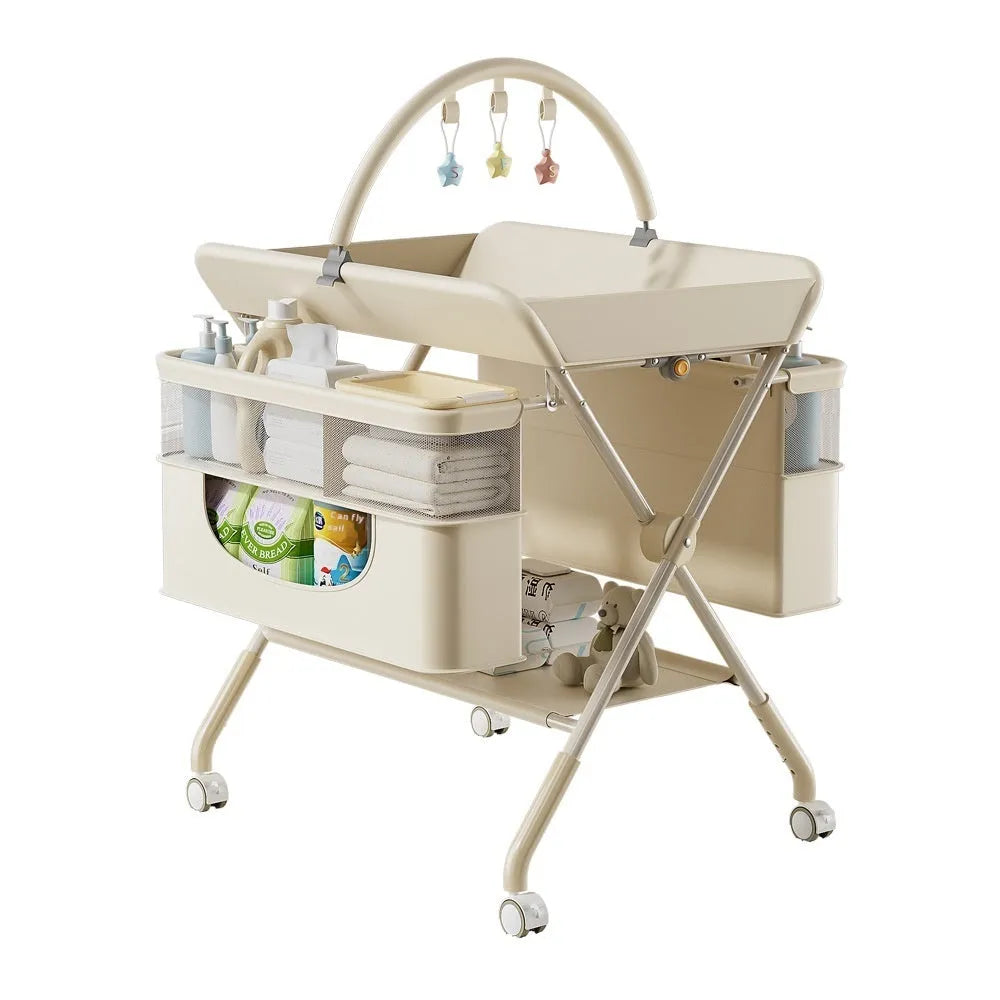 Baby care foldable multifunctional diaper-changing table with safety belt and storage baskets in beige top configuration