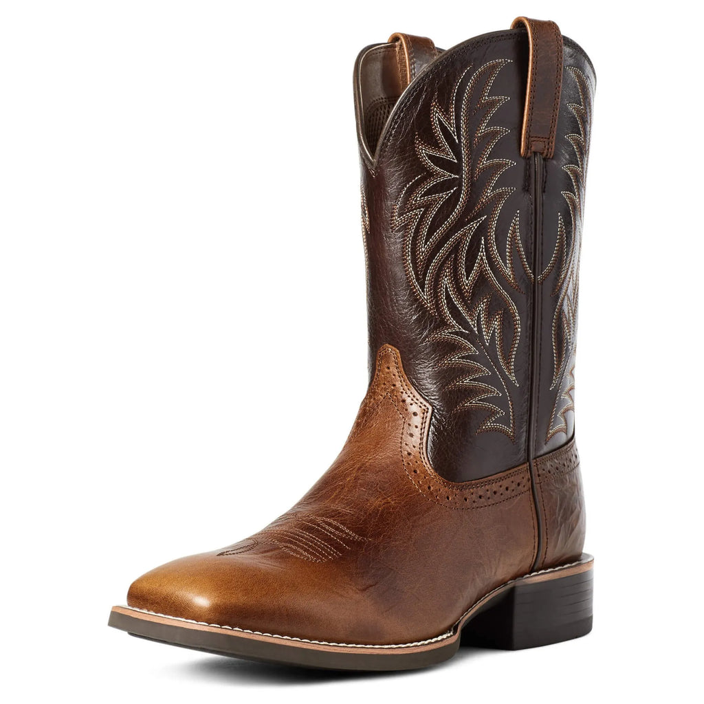 Men's black western cowboy boots with embroidery detail on a square toe and high shaft