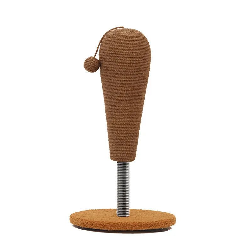 Large and small size hemp rope cat scratcher board with attached cat grasping ball toy.