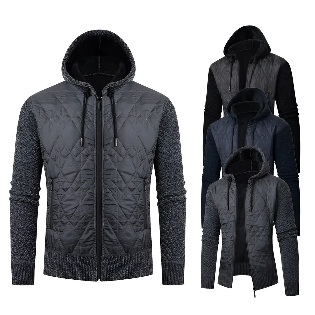 Men's grey hooded corduroy sweater coat with cinched waist on a hanger.