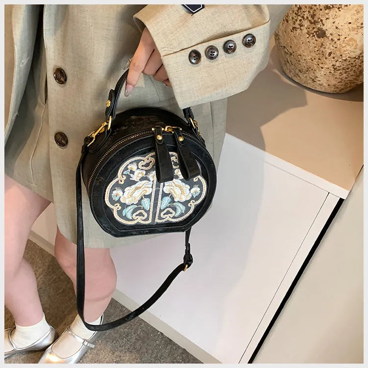 Chinese embroidery handbag in soft PU, horizontal square shape, black, with shoulder strap