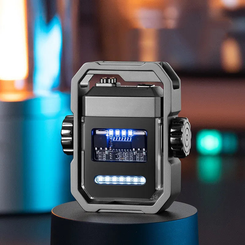 Blue windproof electric lighter with a double arc flame and a visible mechanical gyroscope mechanism.