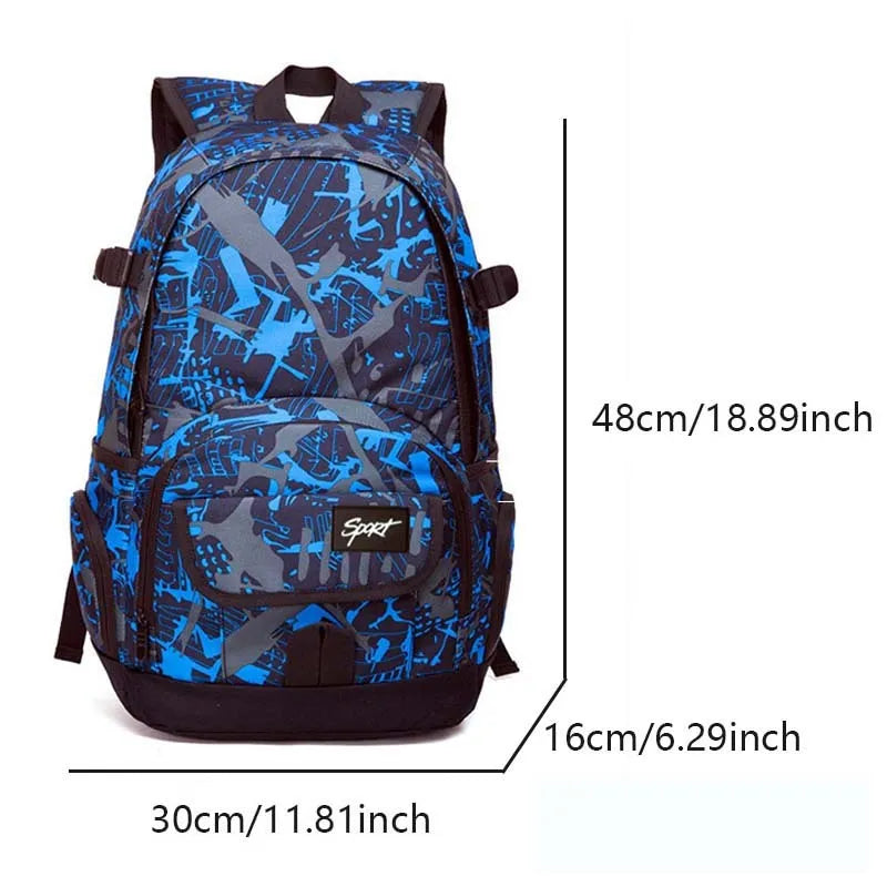 Blue classic nylon backpack with multiple pockets open, showing internal organisers and laptop sleeve.
