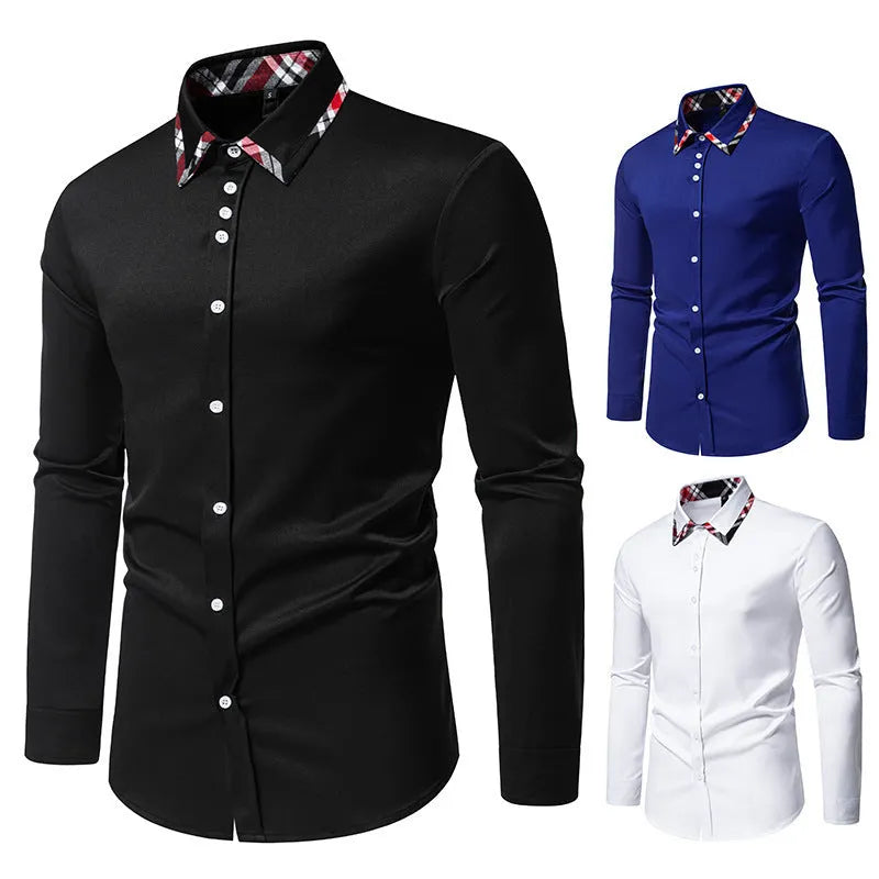 Men's blue plaid contrast long sleeve shirt with a triangle collar on a hanger.