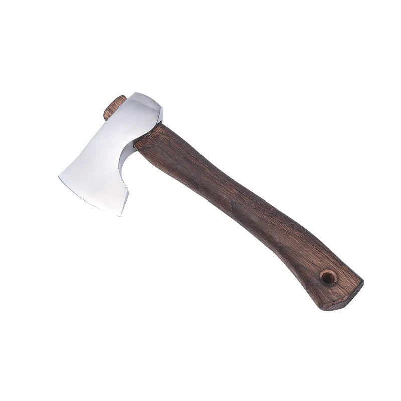 Camping axe with wooden handle and high carbon steel head, measuring 250mm long