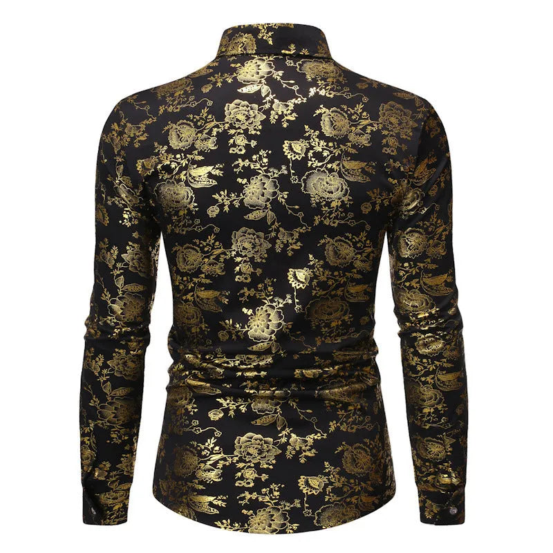 Man wearing a casual long sleeve lapel shirt with a metallic bronzing print, available in multiple colours.
