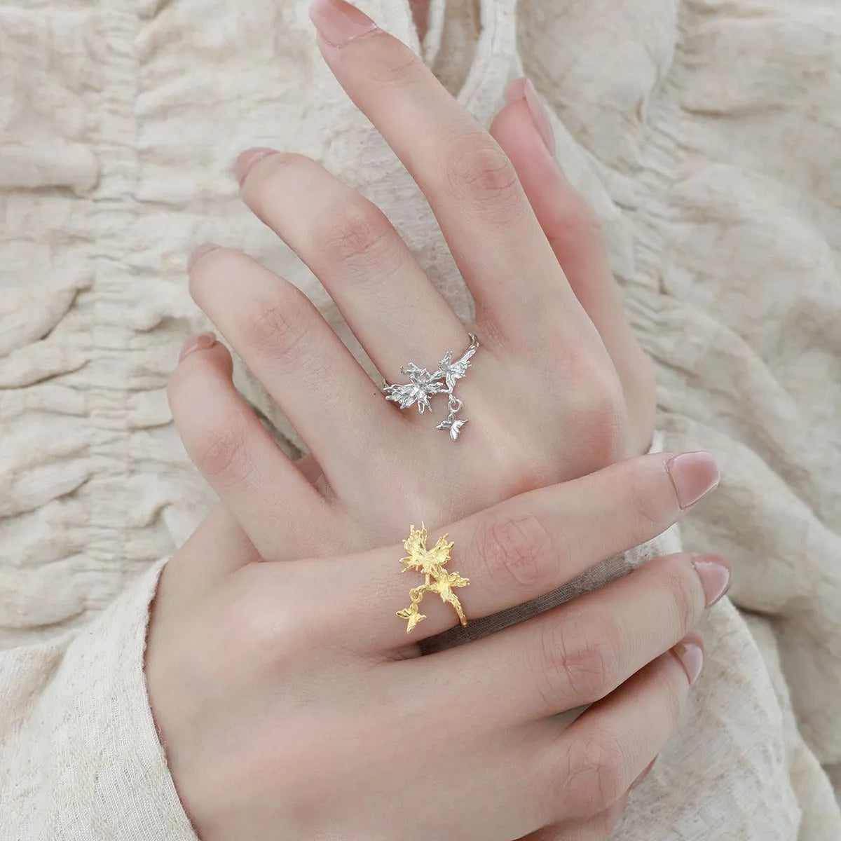 Women's adjustable silver butterfly ring with electroplated white gold or 18K gold colour finish