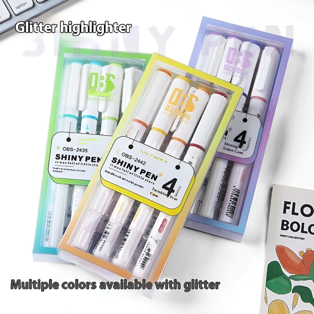 Sparkling Star River glitter highlighter pen set of four with slanted 4mm tips and six glitter ink colour options