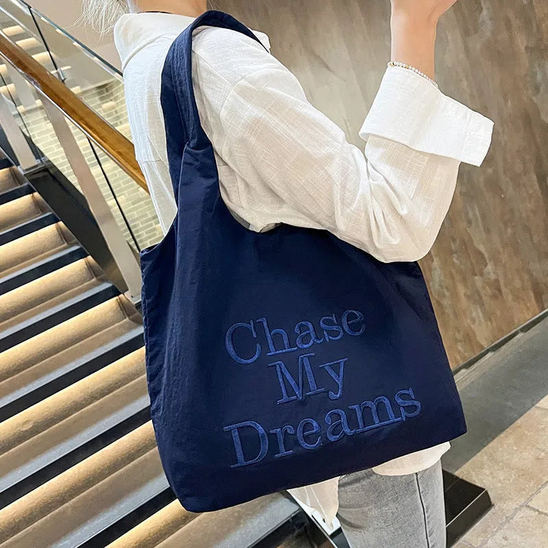 Korean-style 3D letter nylon shoulder bag with minimalist embroidery in horizontal rectangular shape, double straps, available in multiple colours