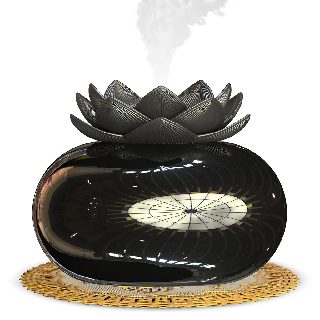 Pure black round ultrasonic aromatherapy humidifier with USB cable for power.