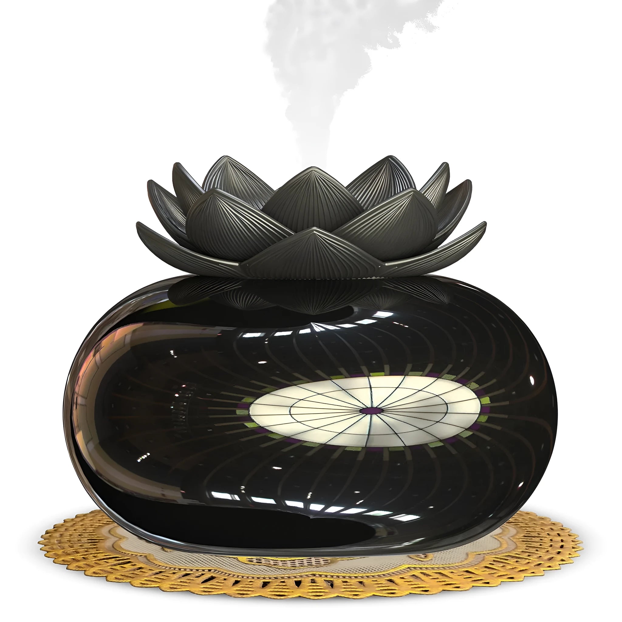 Pure black round ultrasonic aromatherapy humidifier with USB cable for power.