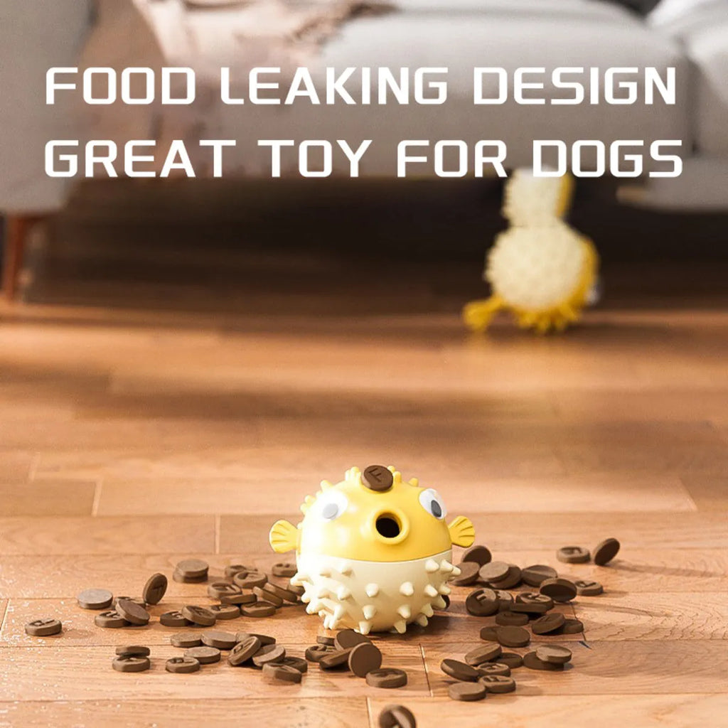 Yellow durable fish-shaped dog chew toy with textured surface for aggressive chewers.