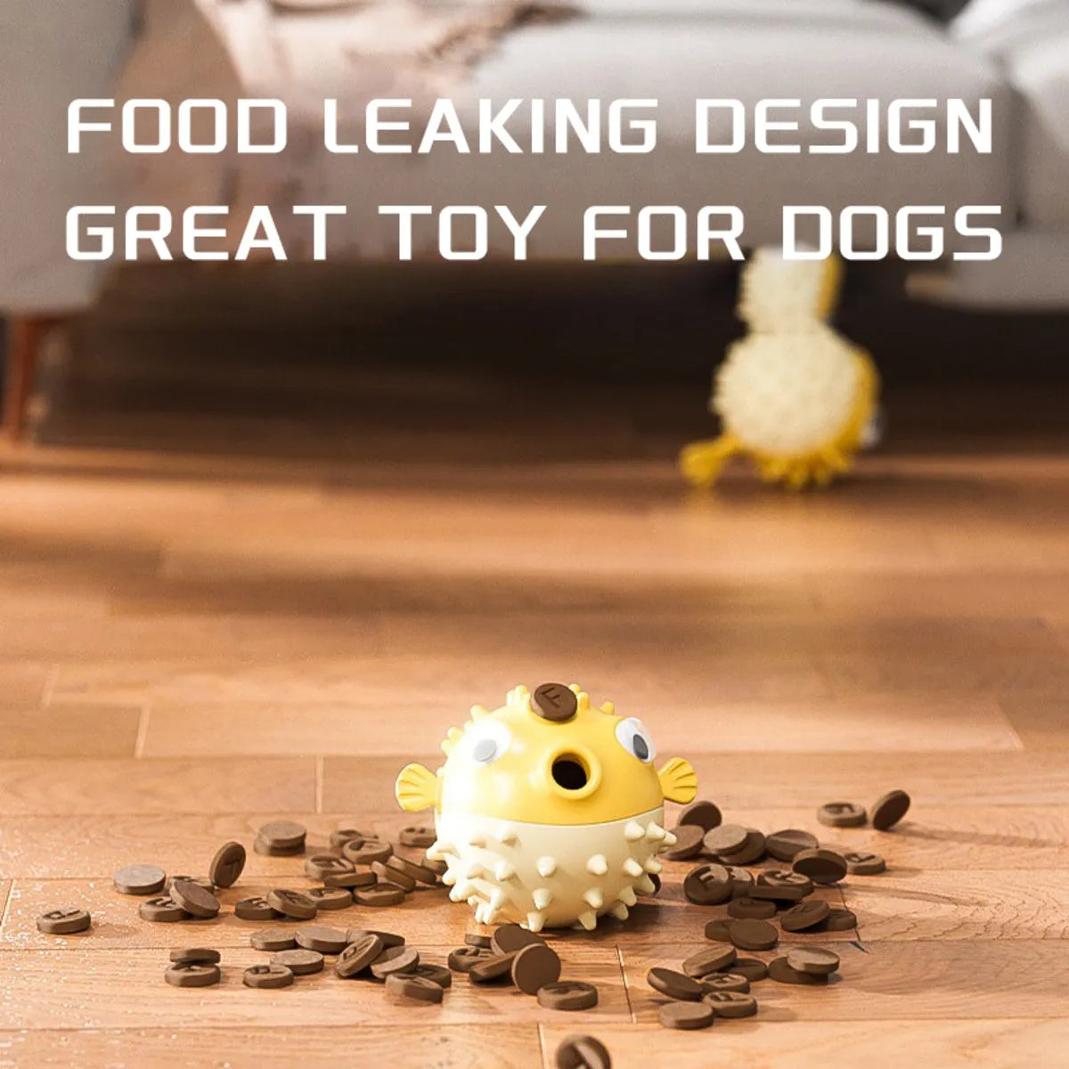 Yellow durable fish-shaped dog chew toy with textured surface for aggressive chewers.