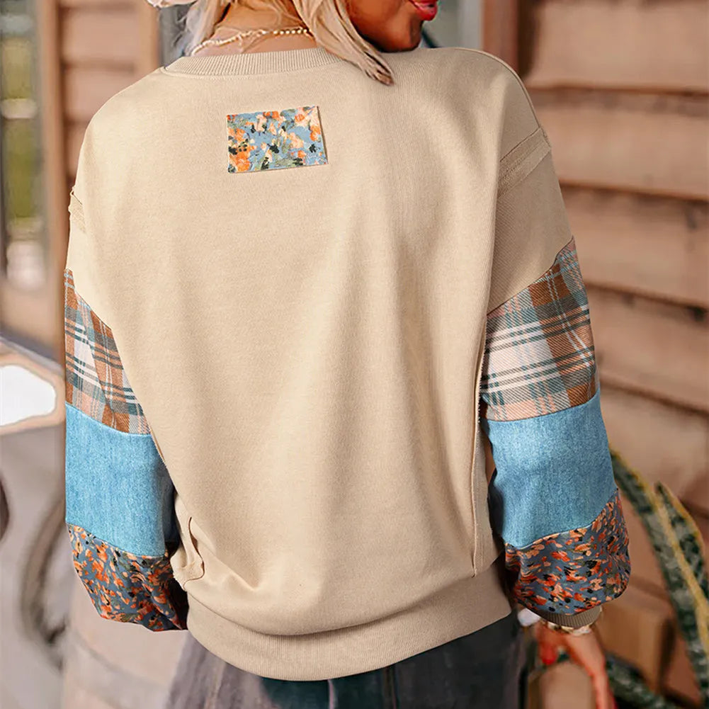 Women's long-sleeved polyester pullover top with plaid stitching pattern in loose fit