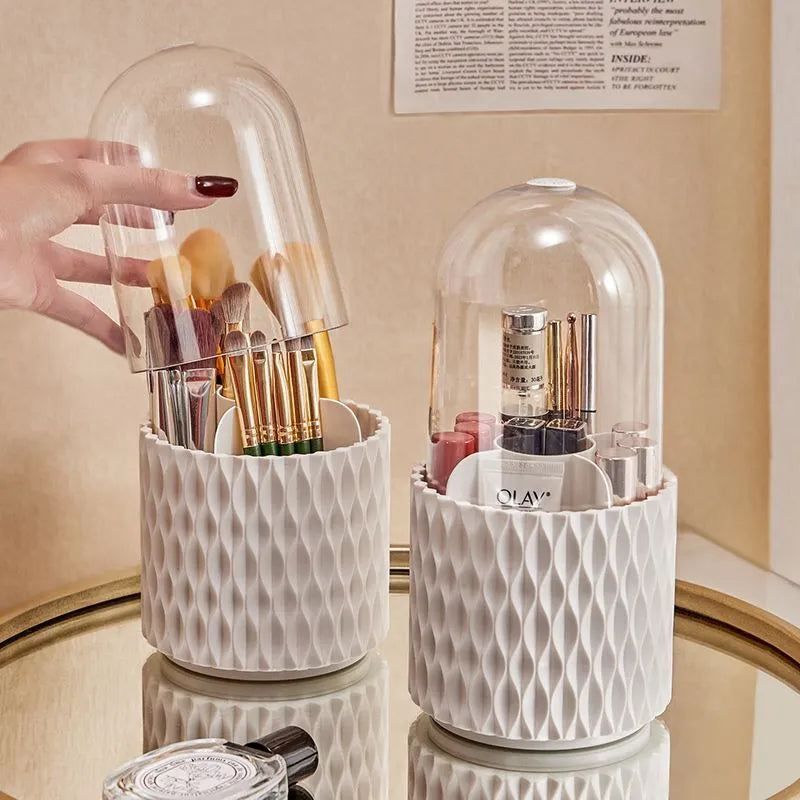 Transparent acrylic makeup brush storage box with rotating base and white brush tubes