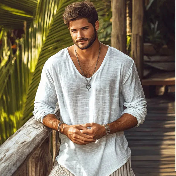 Beige men's slim fit long-sleeved V-neck T-shirt laid flat.